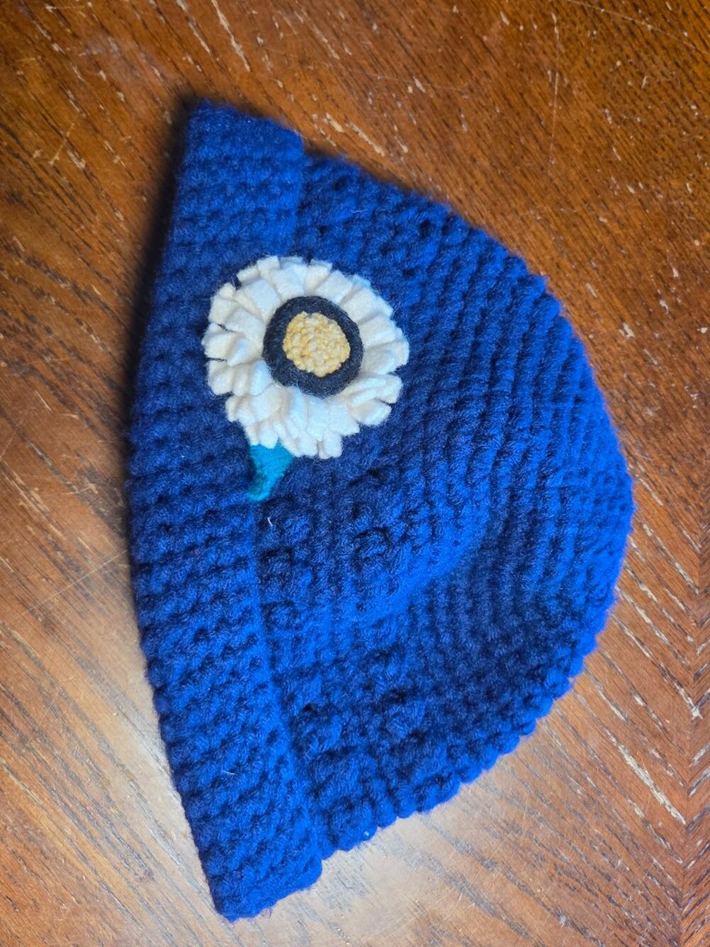 Handknit Women's Blue Winter Hat with White/Blue/Brown Knit Flower Pinned On